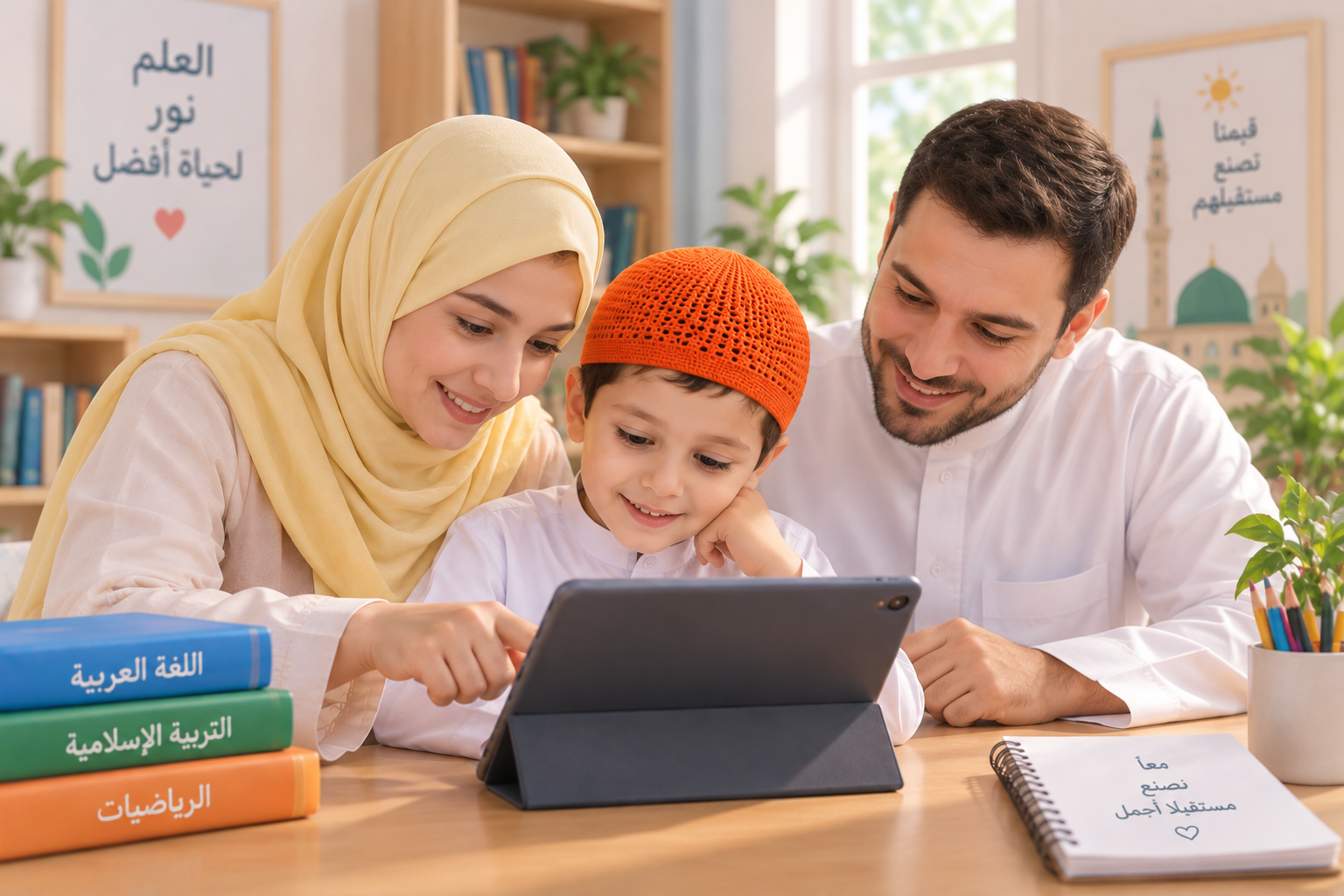 ولي الأمر والطالب يتابعون الدراسة